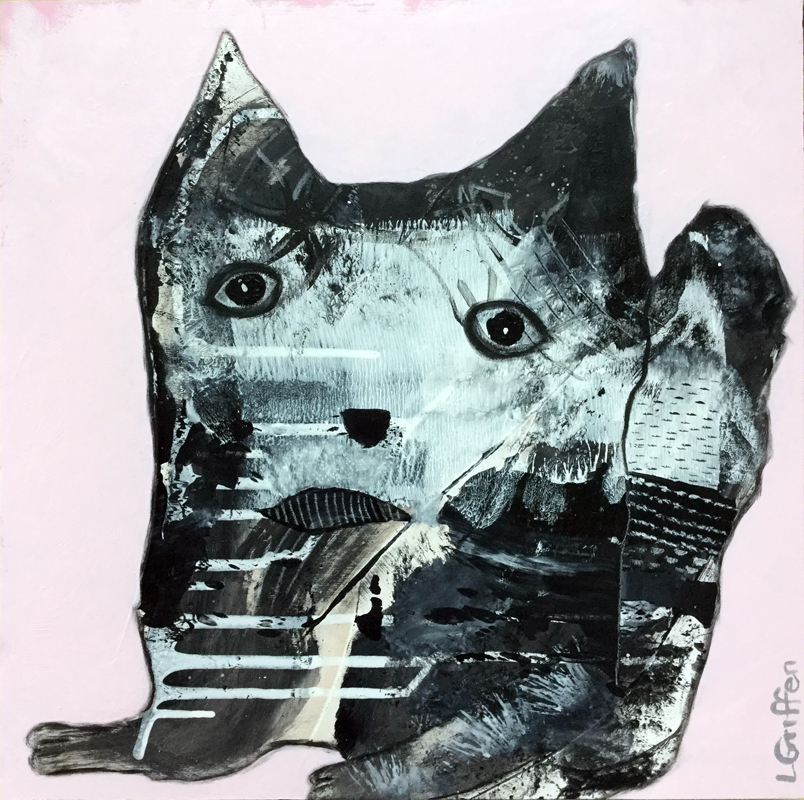 Mixed media cat painting, "Inez," by artist Riis Griffen.