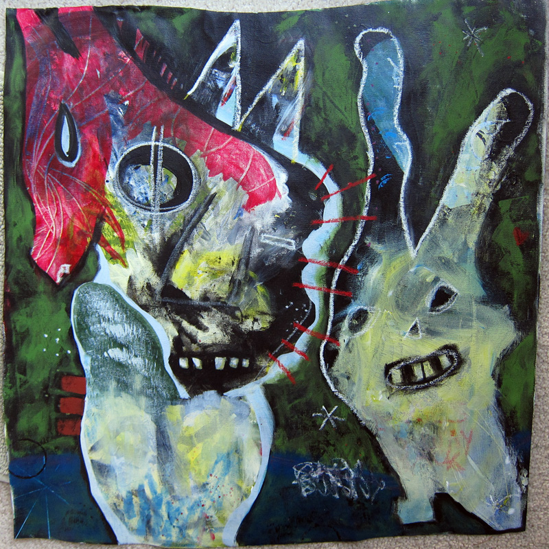 Mixed media outsider art painting with abstract rabbit and abstract face and horse on a green and black background.