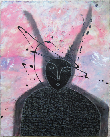 Mixed media outsider art painting with a shadowy rabbit figure behind a black abstract face on a pink background.
