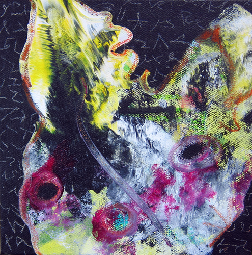 Mixed media outsider art painting of an abstracted rabbit head in yellow and pink on a black background.