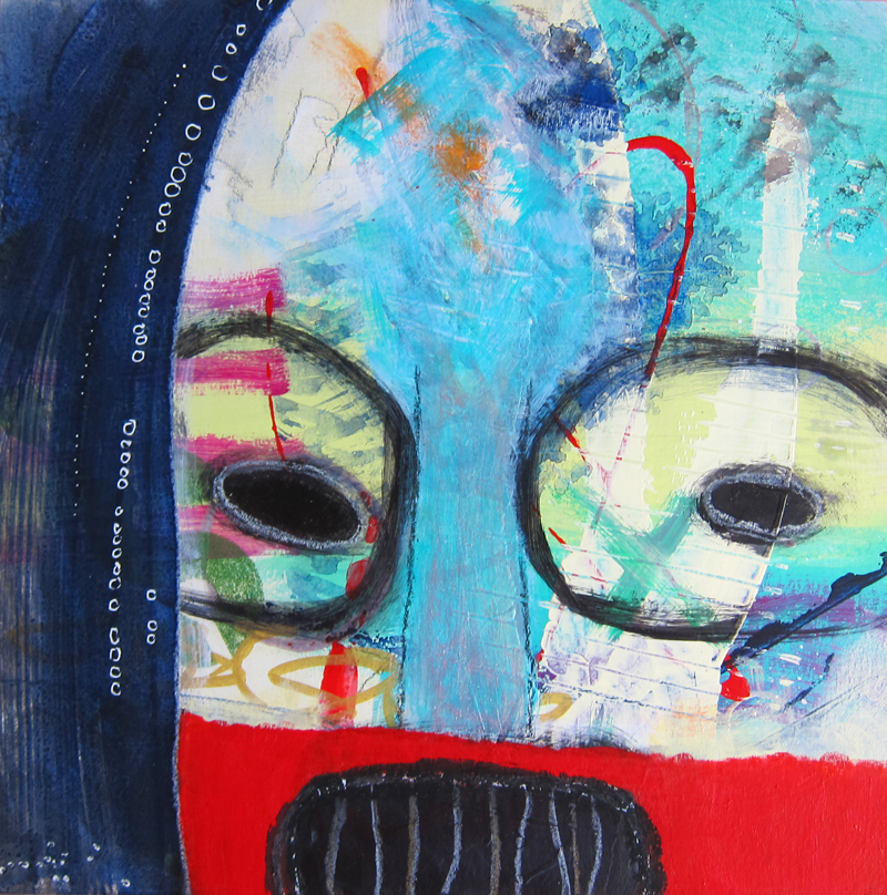 Mixed media outsider art painting of an abstract helmet-shaped face in light blue and red on a dark blue background.