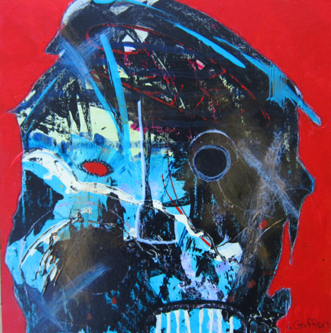 Mixed media outsider art painting of an abstract blue and black male face on a red background.