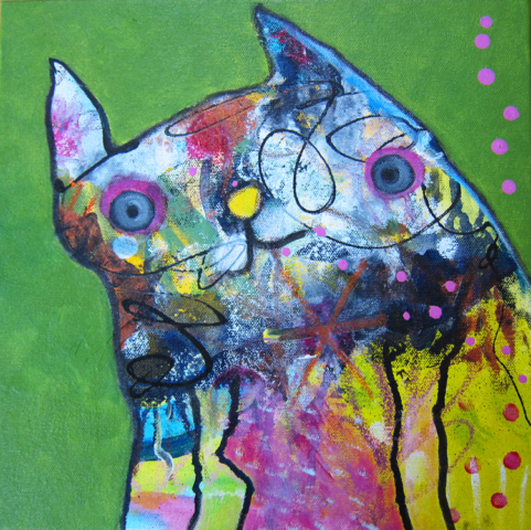 Mixed media outsider art painting with with a whimsical multicolored cat leaning to one side on a green background.