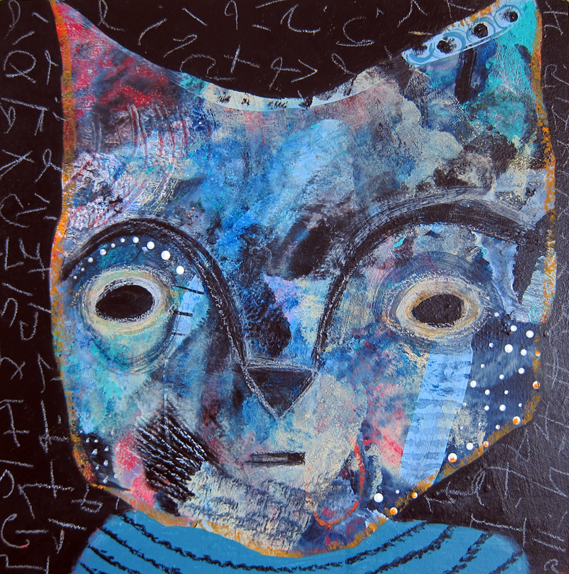 Mixed media outsider art painting of an abstract cat person in blues on a black background.