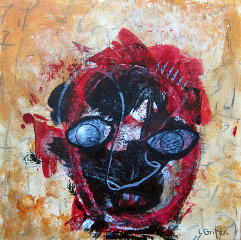 Mixed media outsider art painting of an abstract red and black face on a light brown and white background.