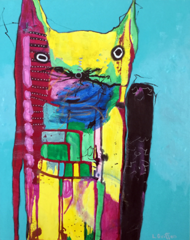 Mixed media outsider art painting of a tall bright-colored abstract cat on a blue background.