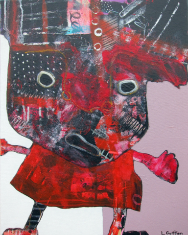 Mixed media outsider art painting of an abstract childlike figure looking unpleasantly surprised.