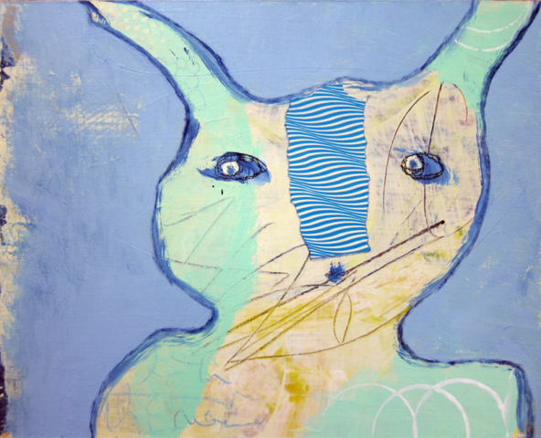 Mixed media outsider art painting of a light colored abstract rabbit figure with a striped blue nose.