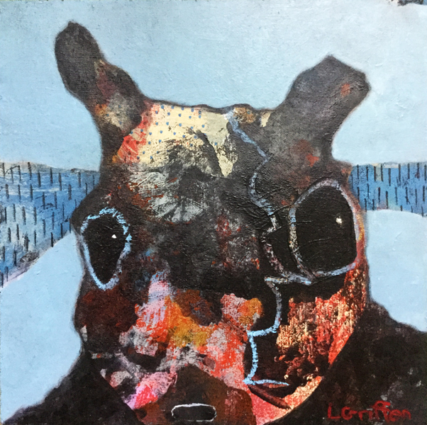 Mixed media outsider art painting of an abstract rabbit with short ears in dark colors on a light blue background.
