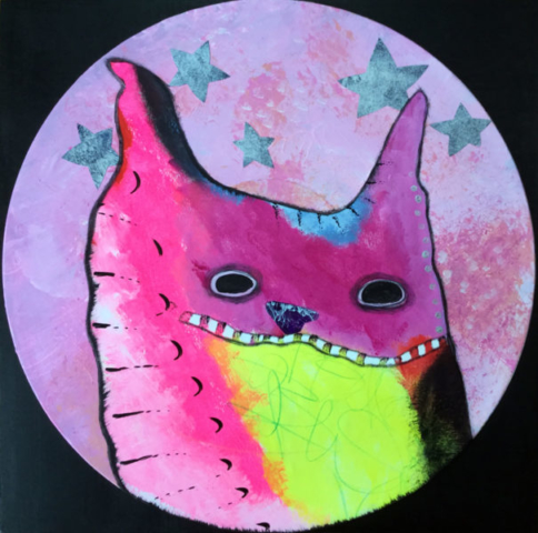 Mixed media outsider art painting of an abstract rabbit with a huge grin and stars over his head.