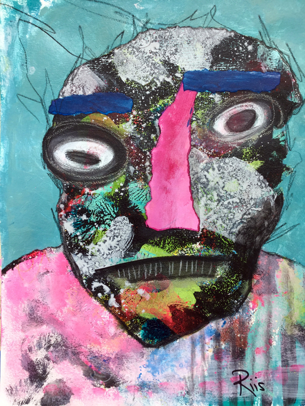 Mixed media outsider art painting of an abstract face with collaged features.