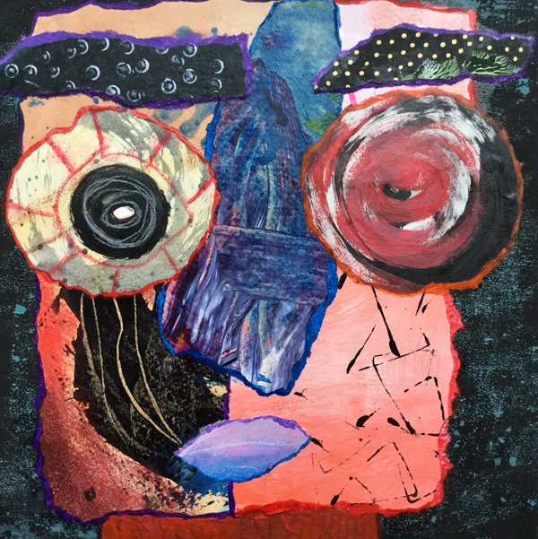 Mixed media outsider art collage of an abstract face in orange and purple on a dark background.