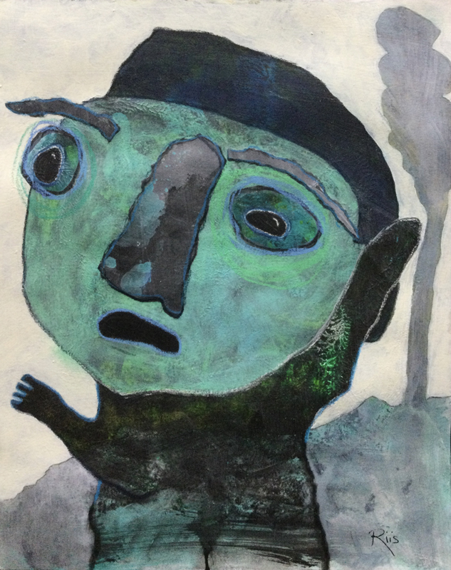 Mixed media outsider art painting of an abstract figure looking alarmed with a shadowy tree in the background.