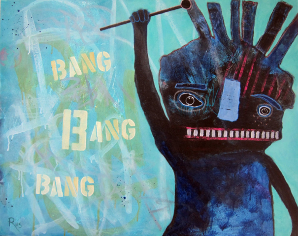 Mixed media painting of a an abstract blue figure with spiked hair holding up a drumstrick, and the words Bang Bang Bang in the background.