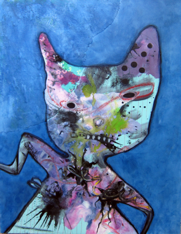 Mixed media outsider art painting of a cat girl awkwardly contorted on a blue background.