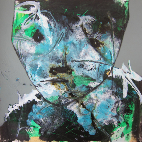 Mixed media outsider art painting of an abstract sad looking face in blues, greens, and black.