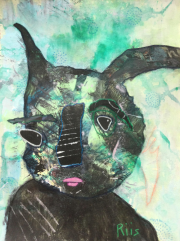 Mixed media outsider art painting of an abstract black rabbit looking wistfully over one shoulder.