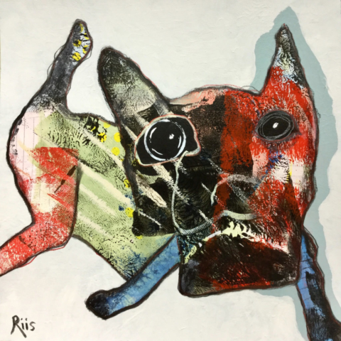 Mixed media outsider art painting of an abstract multicolored dog on a light background.