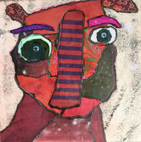 Mixed media collage of an abstract animal in various reds with a long striped nose.