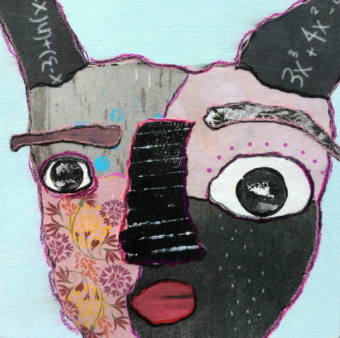 Mixed media outsider art collage of a multicolored abstract animal face in pinks and grays on a light blue background.