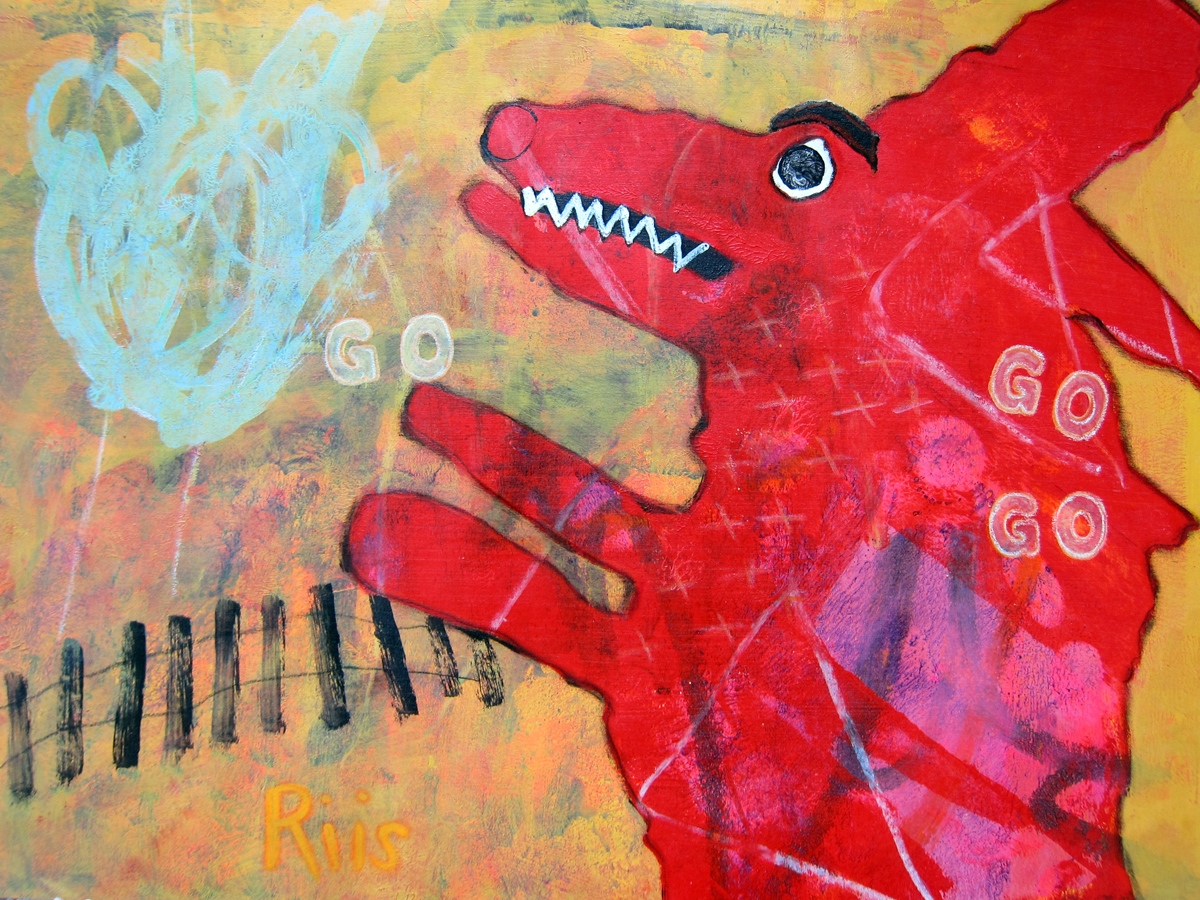 Mixed media painting of a an abstract red dog rearing up to jump over a fence.