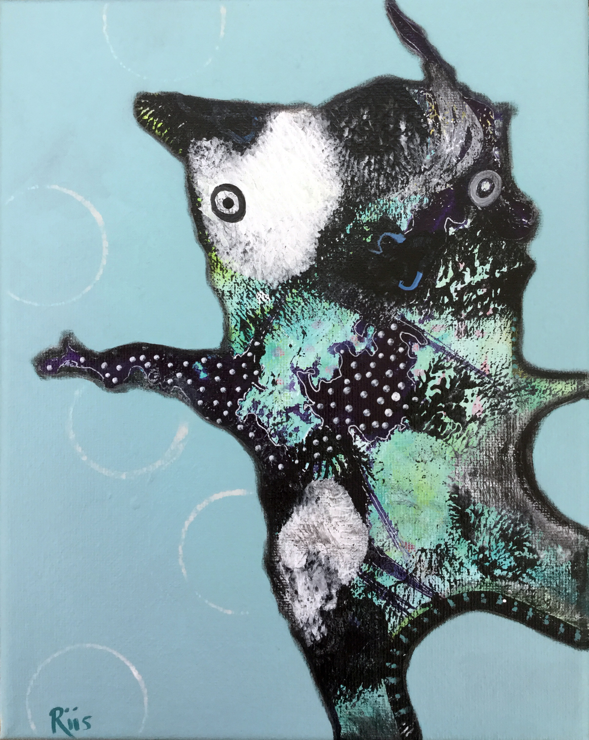 Mixed media painting of an abstract animal figure standing on one foot with arms outstretched, looking happy.