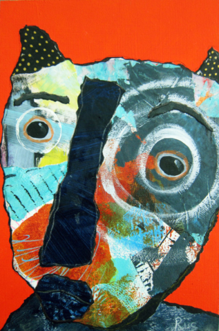 Mixed media outsider art collage of a multicolored abstract animal face on a bright orange background.