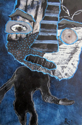 Mixed media outsider art collage of a beckoning abstract black and white figure on a dark blue background.