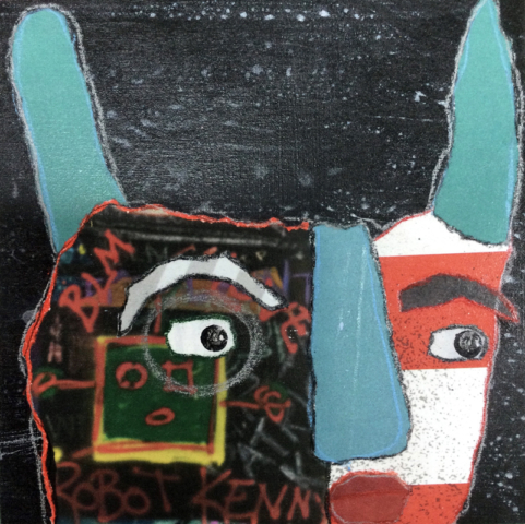 Mixed media outsider art collage of a multicolored abstract animal face on a black background.