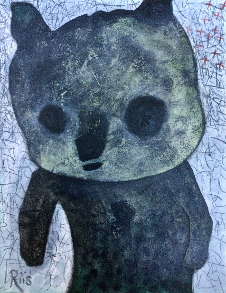 Mixed media outsider art painting of an abstract bear hunched over and looking weary.