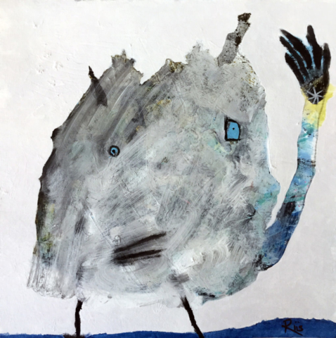 Mixed media outsider art painting of an abstract rounded figure waving one hand. The figure has bright blue eyes.