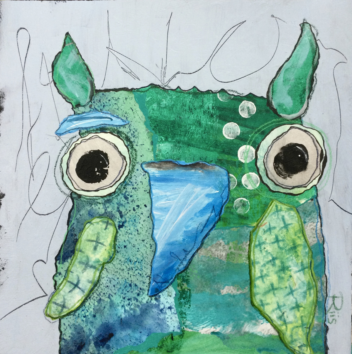 Mixed media collage of an abstract owl in shades of green on a pale blue background.