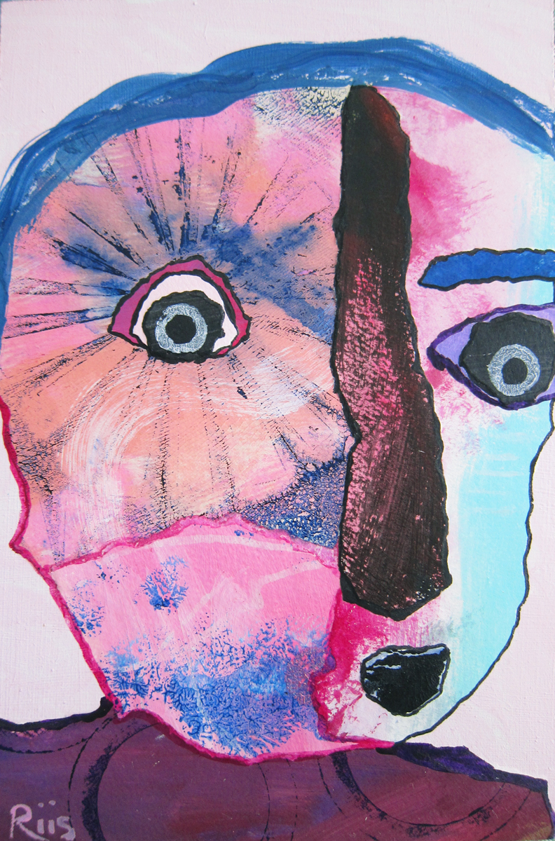 Mixed media outsider art collage of a pink and purple abstract figure with rays around one eye.