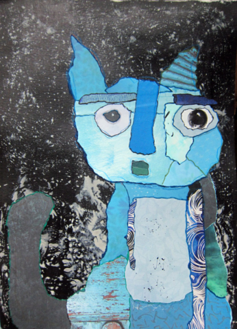 Mixed media collage of an abstract cat in various shades of blue on a black background.