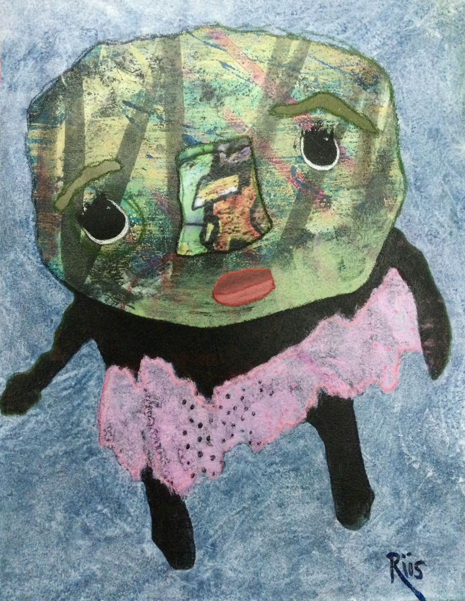Mixed media outsider art painting of an abstract figure with a green face looking upward and a black body wearing a pink tutu.