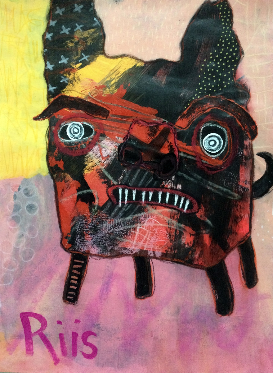 Mixed media outsider art painting of an abstract dog with a lot of sharp teeth.