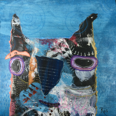 Mixed media outsider art collage of a multicolored abstract owl with a toothy smile on a blue background.