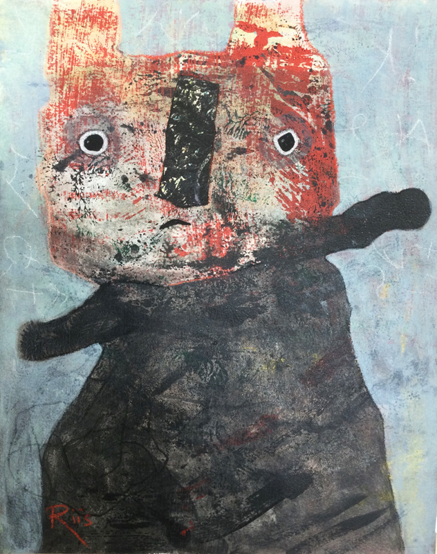 Mixed media outsider art painting of an abstract rabbit with wide eyes in a dark dress.