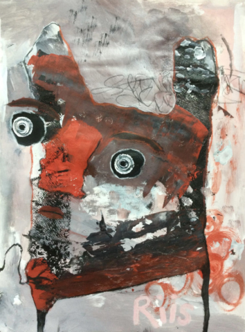 Mixed media outsider art painting of an abstract red and black animal staring off the side of the page.