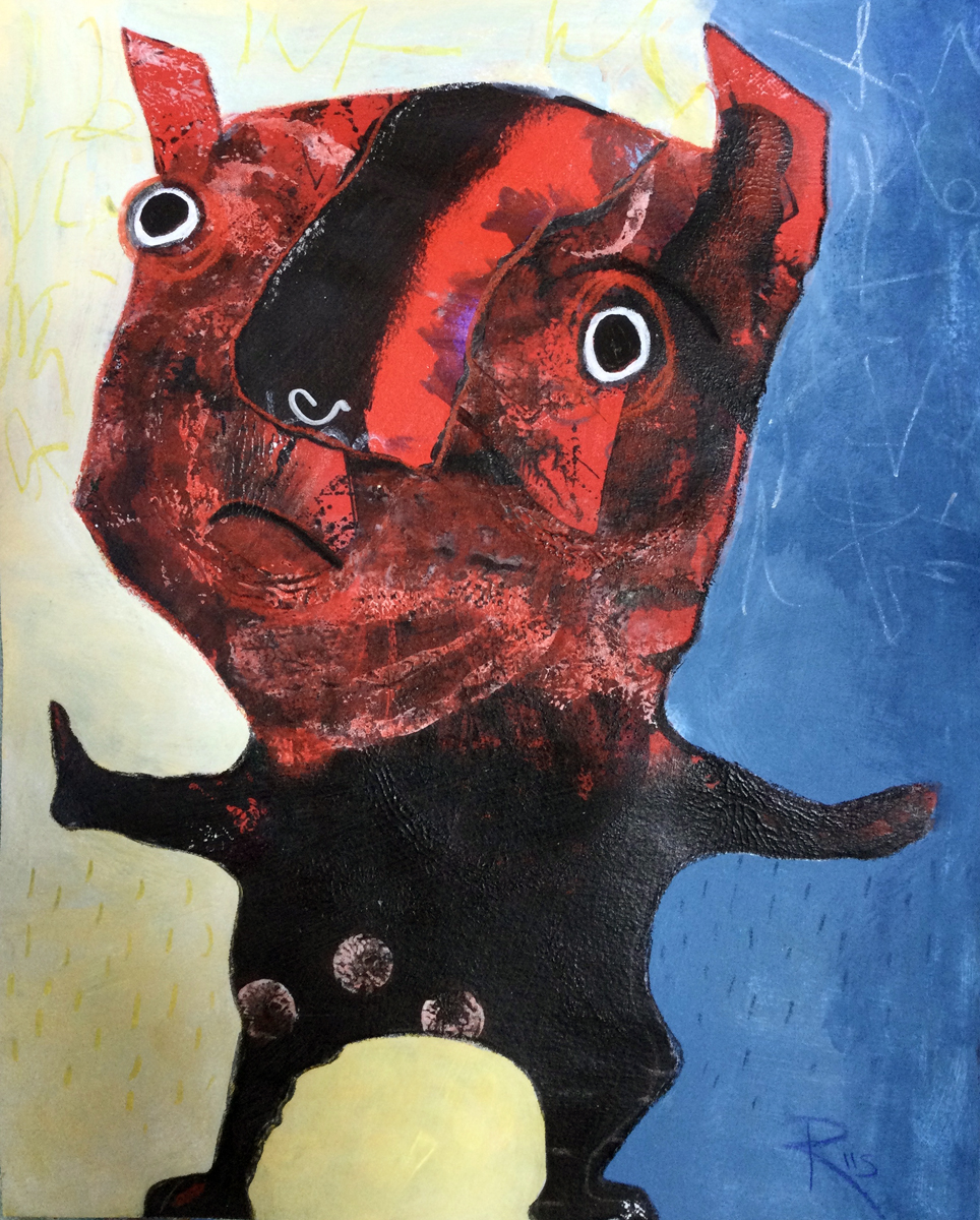 Mixed media painting of a an abstract red and black figure looking upward.