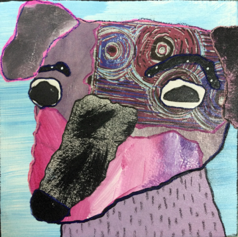 Mixed media collage of an abstract dog in shades of pink on a light blue background.