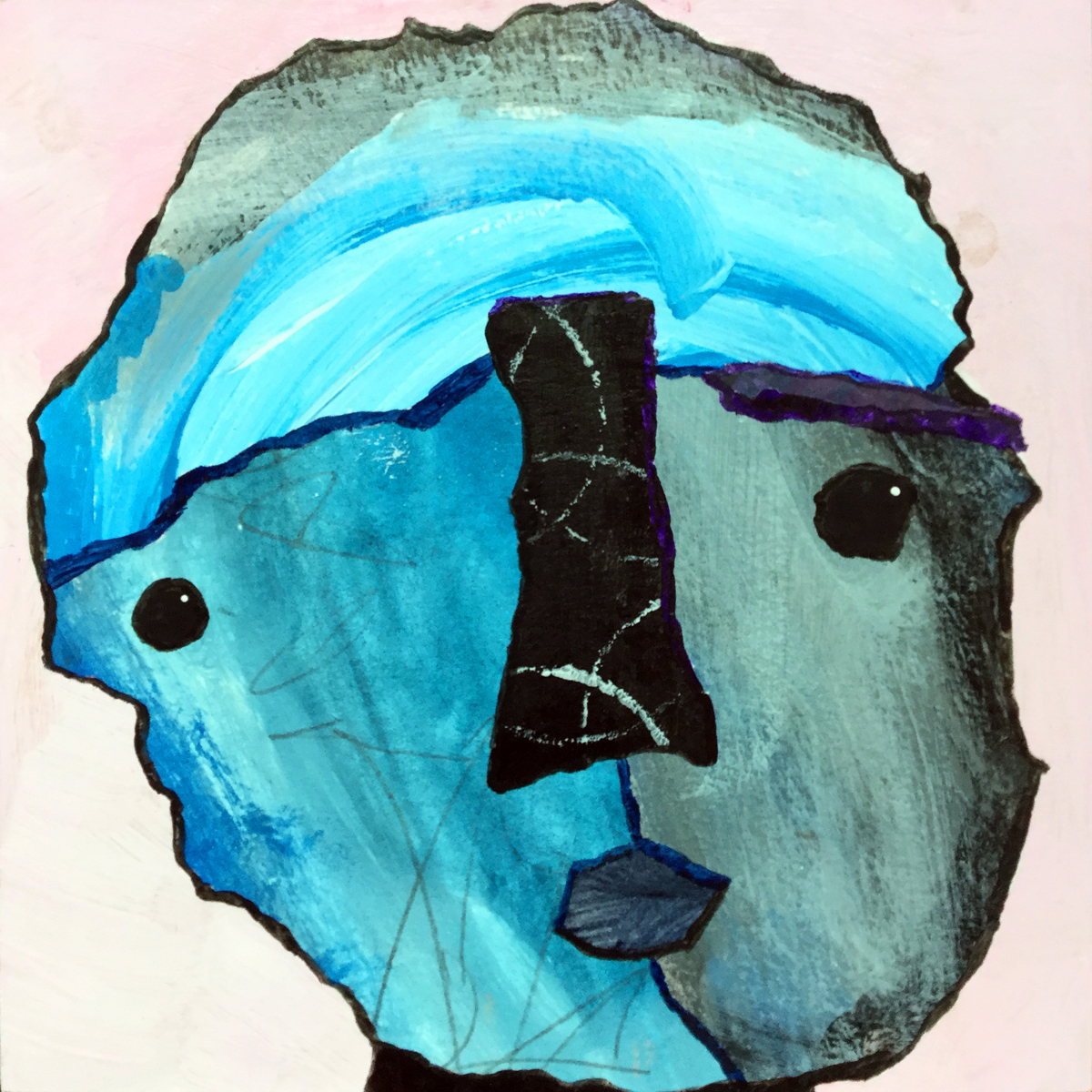 Mixed media collage of an abstract feminine face with wistful expression in blues and blacks on a pink background.