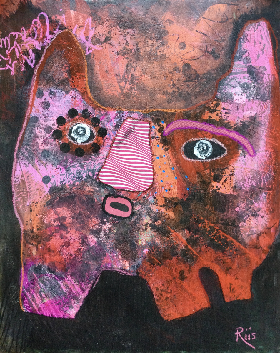 Mixed media outsider art painting of an abstract cat in pink and orange on an orange and black background.