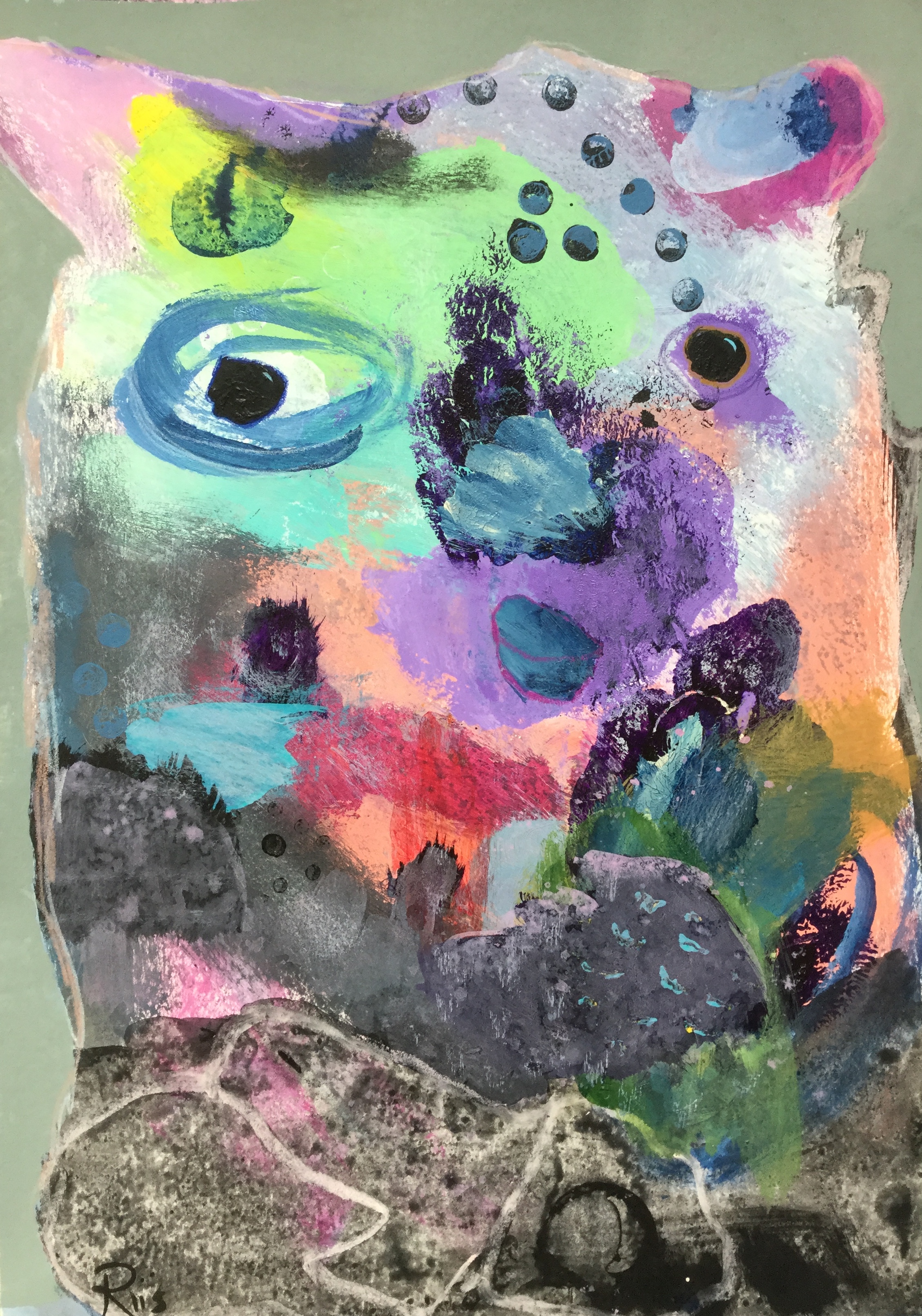 Mixed media outsider art painting of a very abstract multicolored animal resembling a koala.